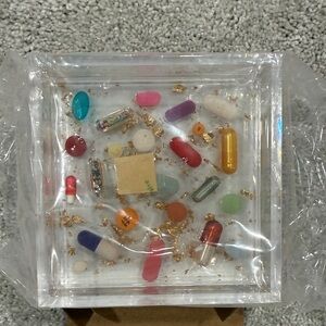 Stephanie Roberts  4x4” Clear Lucite Catchall Tray, gold leaf and pill